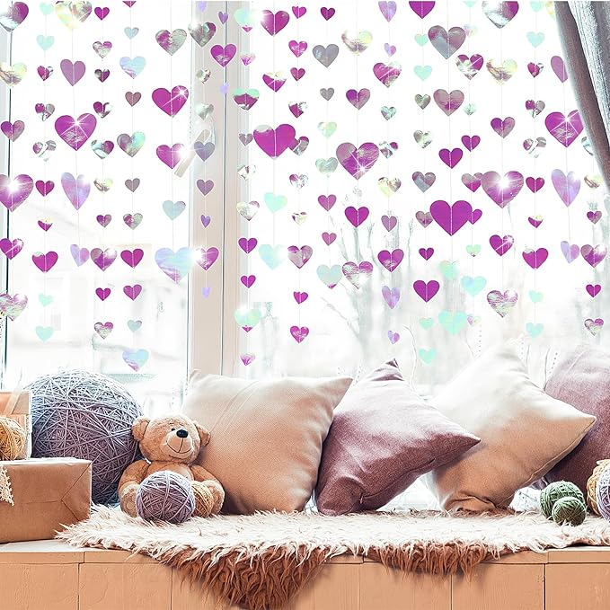 10 Pack 130ft Iridescent Purple Holographic Heart Party Garland Asymmetrical Love Hanging Banners for Birthday Baby Bridal Shower Wedding Engagement Bachelorette Graduation Decorations