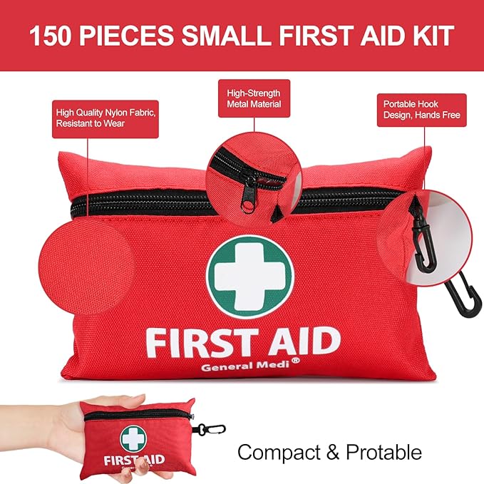 General Medi Mini First Aid Kit, 150 Piece Small First Aid Kit - Includes Emergency Foil Blanket, Scissors for Travel, Home, Office, Vehicle, Camping, Workplace & Outdoor (Red)