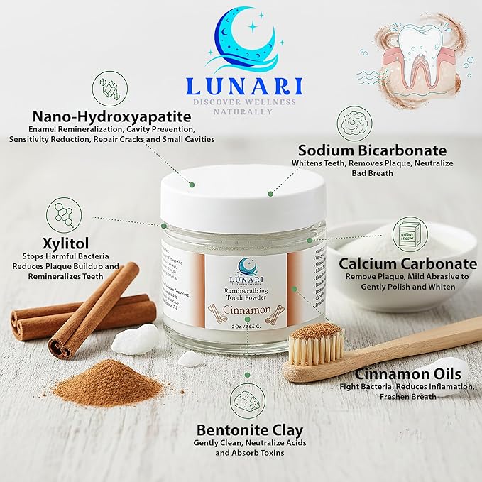 Remineralizing Cinnamon Nano-Hydroxyapatite Tooth Powder- Sensitive Teeth, Natural Fluoride-Free Whitening Toothpaste w/Bentonite Clay, Calcium Carbonate, Essential Oils, Vegan,Made in USA (Cinnamon)