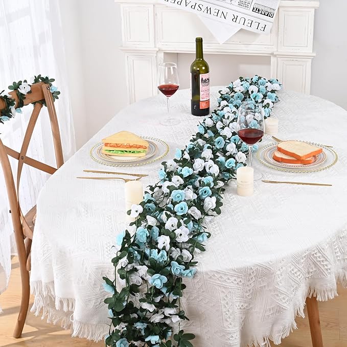 MARTINE MALL Flower Garland - 8 Strands 66Ft Rose Vines for Bedroom, Blue and White Rose Floral Garland for Room Birthday Wedding Party Garden Wall Decor