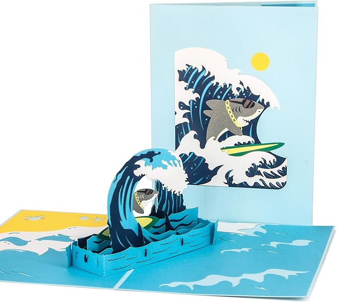 Ribbli Surfing Shark Pop Up Card for All Occasion, Birthday Cards, Fathers Day Card, Handmade 3D Sport Gift for Him Men Dad Husband Boyfriend Brother Boy Son Kid, with Envelope