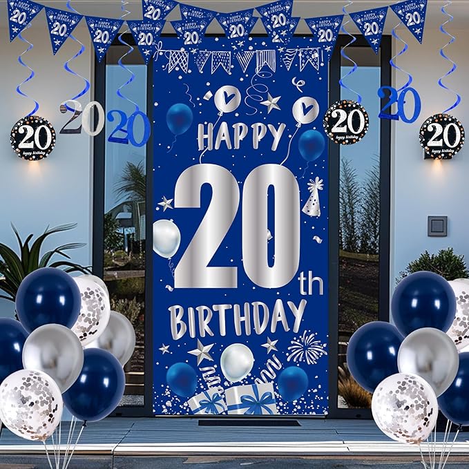 20th Birthday Decorations for Men Boys, Blue Silver Happy 20th Birthday Decorations Boys Girls with Bday Backdrop Banner Balloons Hanging Swirls Triangle Flag, 20 Year Old Party Supplies for Him