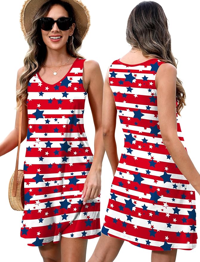 LHBNK 4th of July Dress for Women: American Flag Tank Dresses Star Striped Splicing Loose V Neck Sundresses