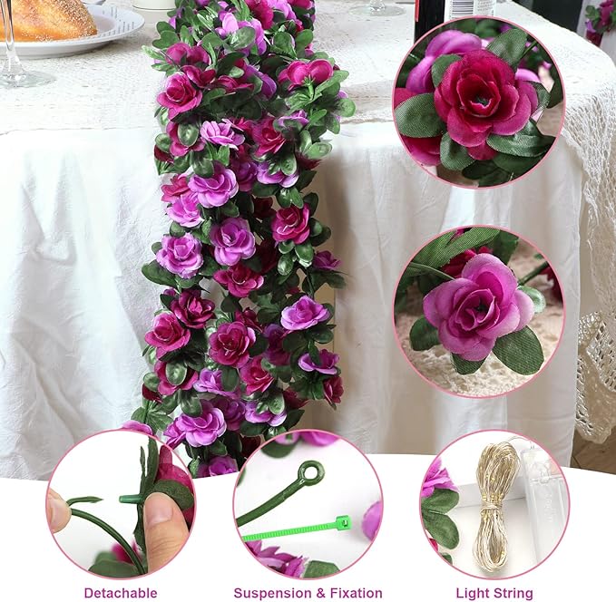MARTINE MALL Flower Garland Rose Vines, 5 Strands 41Ft Flowers Vines for Bedroom with 33 Ft/100 LED String Lights, Rose Flower Garland Decoration, Rose Floral Garland for Room Table Wedding Decor
