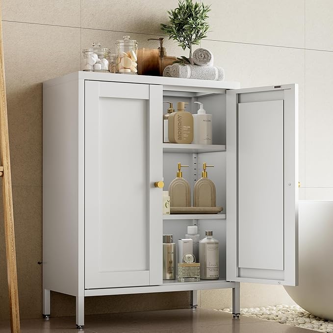 31.5"H Metal Bathroom Cabinet,Short Bathroom Storage Cabinet with Doors,Floor Locker,White Small Cabinets with 2 Adjustable Shelves & 4 Doors,Pantry Food Cabinet for Hallway,Home Office, Kitchen