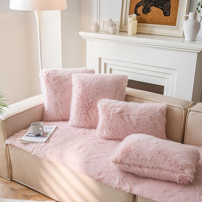 Neelvin Pink Faux Fur Cozy Fluffy Double-Sided Decorative Throw Pillow Covers 16x16 inch Set of 2,Velvet Pillowcase Cushion Case for Sofa Couch