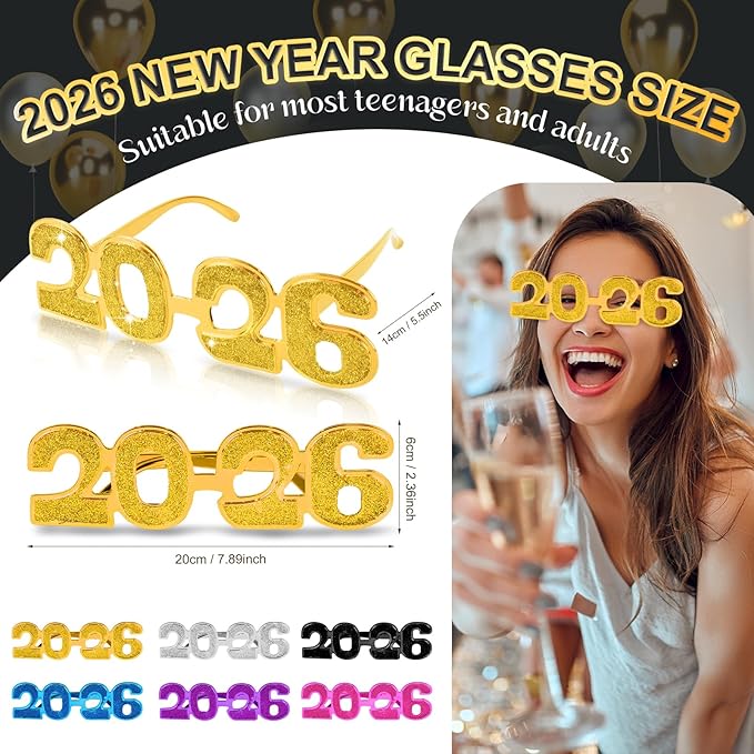 2026 Plastic Glasses Happy New Year Glitter Eyeglasses for 2026 Party New Year Eve Costume Photo Prop Supplies