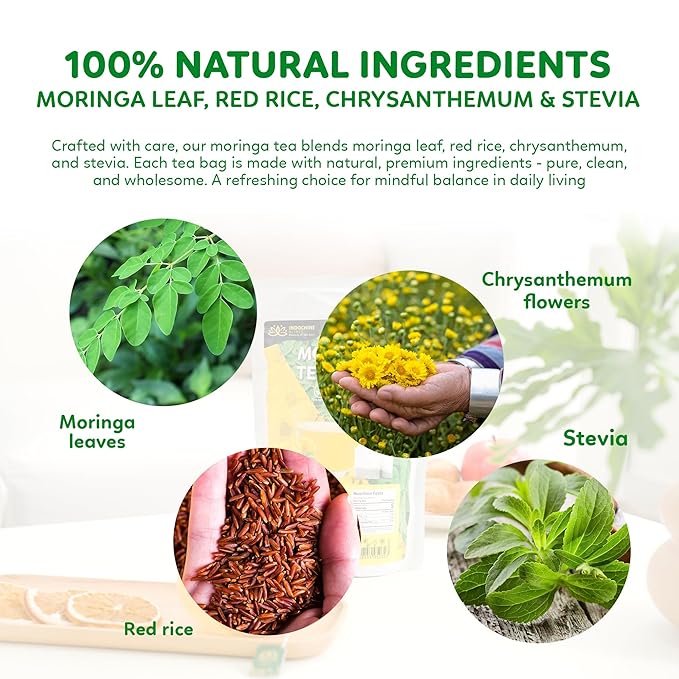 Indochine Blends Moringa Tea Bags | Moringa Leaf, Red Rice, Chrysanthemum & Stevia | Sugar-Free, Caffeine-Free Herbal Tea | Double Chamber, Individually Wrapped Bag | 3.5 oz | 50 Tea Bags