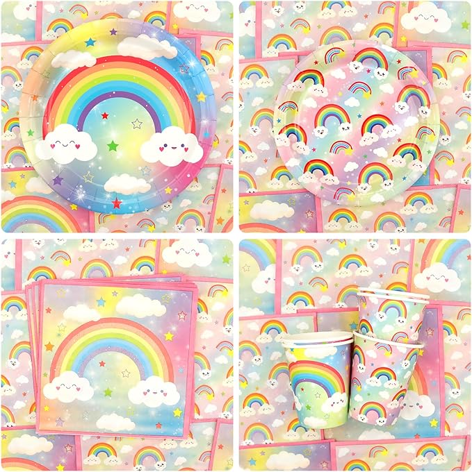 Rainbow Party Decoration - Rainbow Birthday Party Tableware Supplies Includes Plates, Cups, Napkins, Tablecloth, Straws (40)
