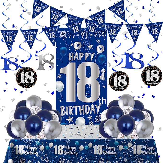 18th Birthday Decorations for Boys Girls, Blue Silver Happy 18th Birthday Decorations Set with 18th Birthday Backdrop Banner Tablecloth Balloons Triangle Flag, 18 Year Old Men Party Decor Supplies