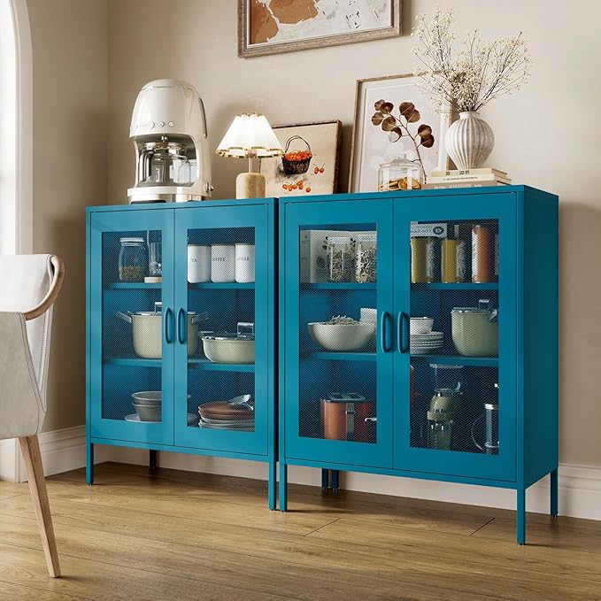40"H Blue Bathroom Storage Cabinet,Navy Blue Storage Cabinets,Metal Bathroom Floor Cabinet with 2 Adjustable Shelves&2 Doors,Small Blue Locker Cabinets with Adjustable Shelves & Doors for Hallway,