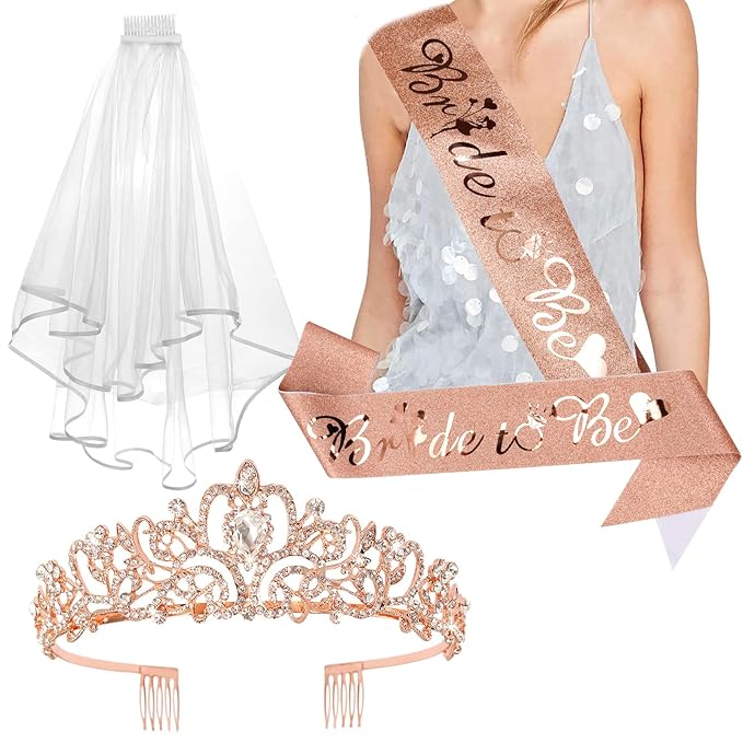 CIEHER Crown + Bride To Be Sash + Veil Set, Bachelorette Party Bridal Shower Decorations Bachelorette Gift for Women