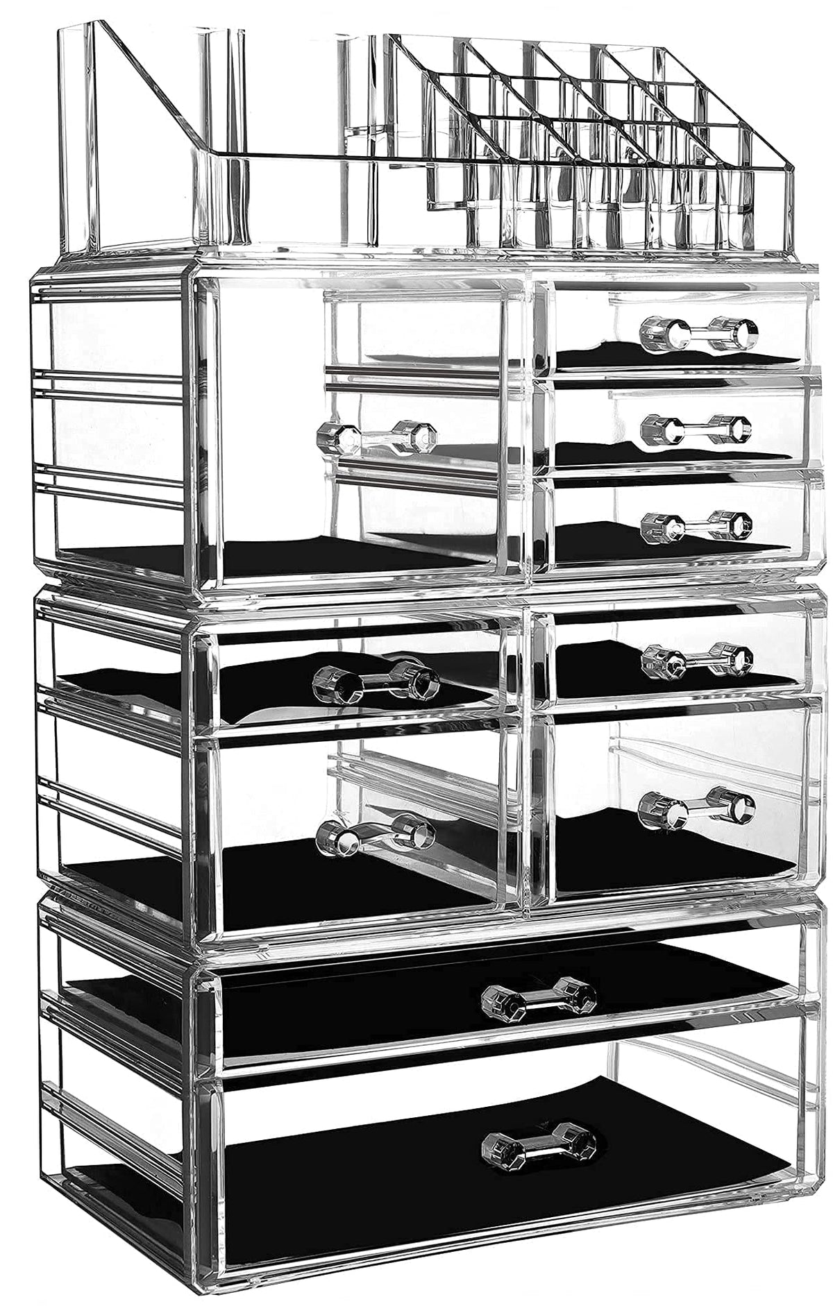 Cq acrylic 4 Pack Clear Make up Organizer Countertop,Stackable 10 Drawers Makeup Storage,Cute Vanity Organizers for dresser Hair Clip,Jewelry,Beauty Product Desk and Bathroom Organizers and Storage