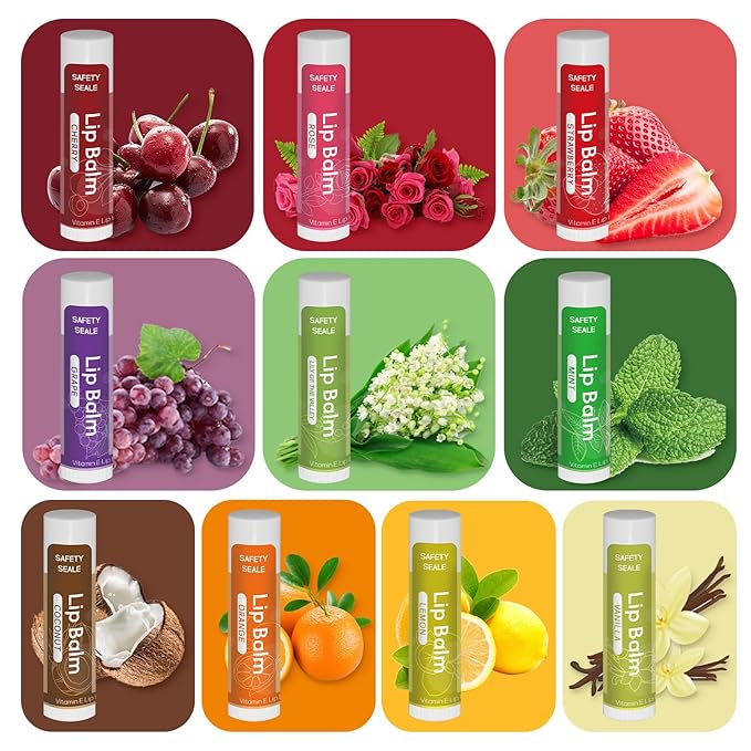 20 Pack Natural Lip Balm Bulk with Vitamin E and Coconut Oil Valentine's Day best choice - Moisturizing, Soothing, and Repairing Dry and Chapped Lips - 10 Flavors - Non-GMO