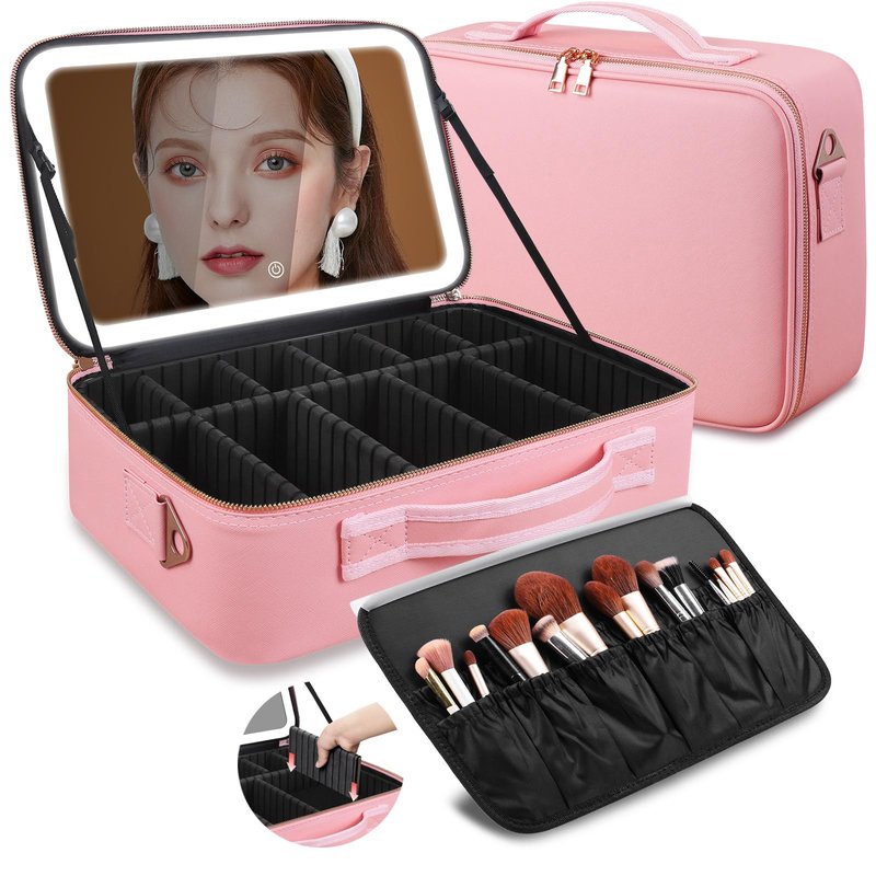 saiggnyy 15"×11" Large Pink Makeup Bag with Mirror, Personal Item Travel Bag with Makeup Mirror 3 Lights, Waterproof Train Case with Mirror and Adjustable Dividers,Professional Lighted Makeup Case