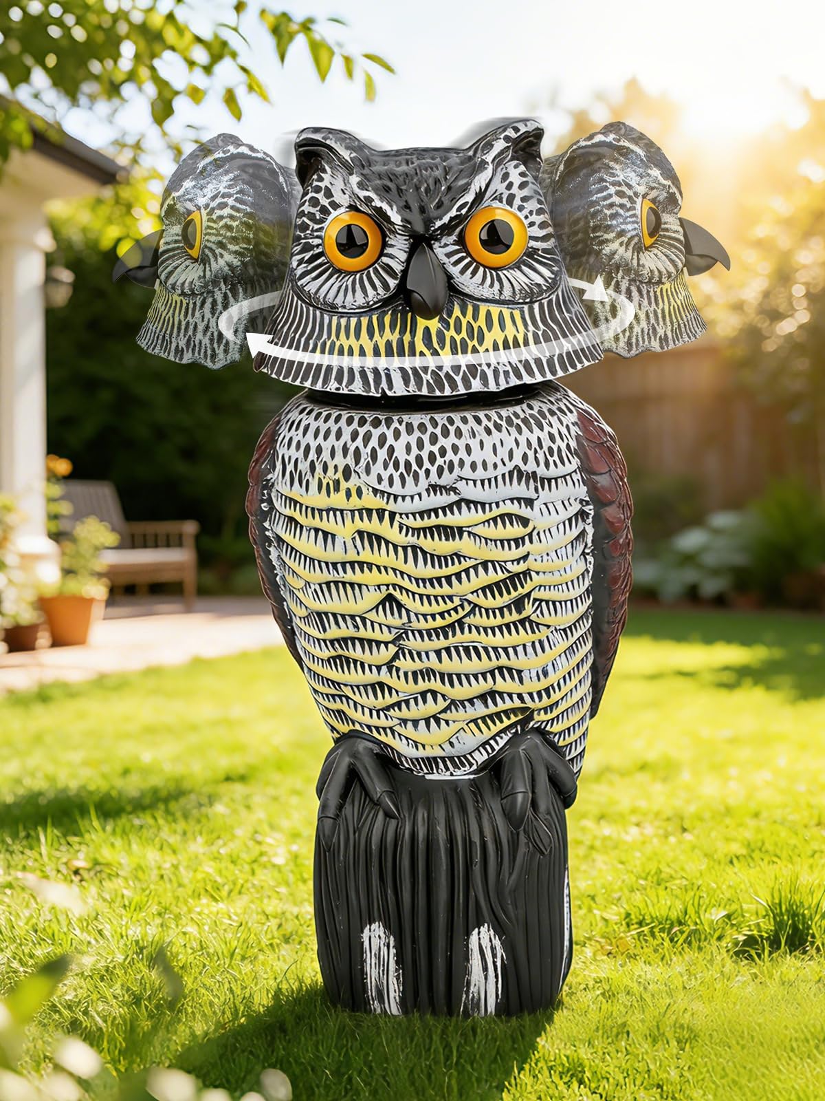 Garden Fake Owl Sculpture with 360° Rotating Head, Waterproof Garden Owl