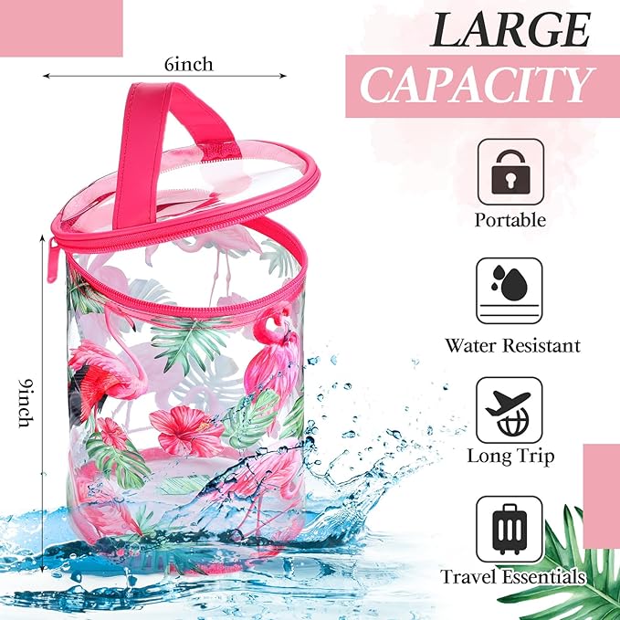 Sanwuta Beach Gifts Heavy Duty Clear Lotion Toiletry Bags for Travel Sunscreen Makeup Cosmetic Pouch Cylinder Bag Waterproof Portable Trip Bag with Handle Zipper(Flamingo)