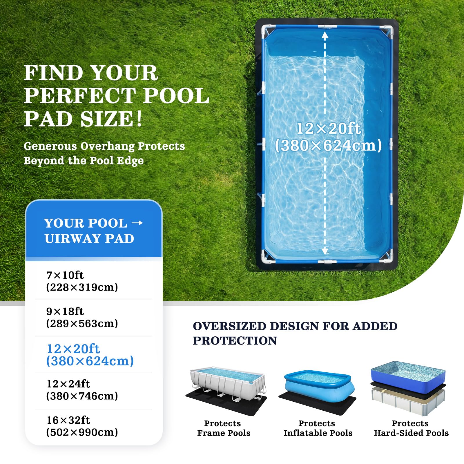 UIRWAY 12 x 20ft Rectangle Pool Liner Pad for Above Ground Pool, [2026 New 300G/M² Thicker Heavy Duty] Black Geotextile Swimming Pool Floor Liner, Puncture Resistant Pool Base, Weed Barrier Protection