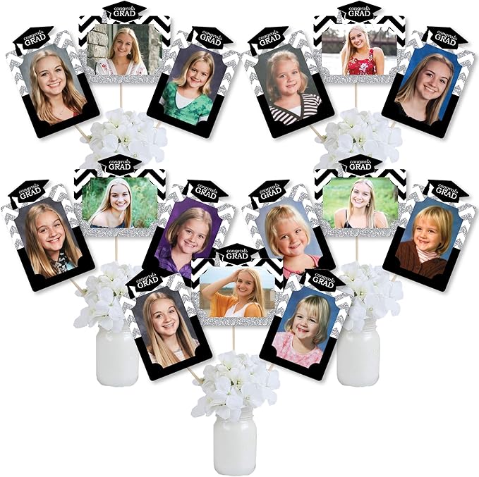 Graduation Photo Display Centerpiece Kit - 15 Double-Sided Photo Table Topper Sticks, Vertical and Horizontal 4x6 Picture Holders, DIY Party Decoration Set - Tassel Worth The Hassle- Silver