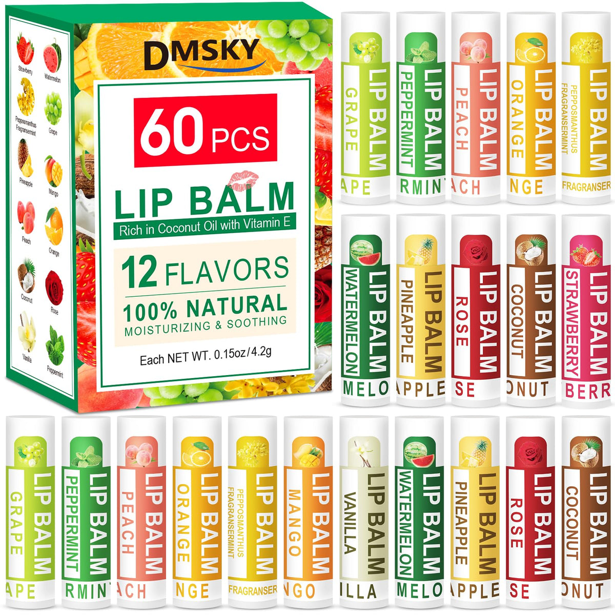 DMSKY 60 Pack Lip Balm, Natural Lip Balm Bulk, Moisturizing Lip Balms with Vitamin E and Coconut Oilfor Chapped Lips-12 Flavors