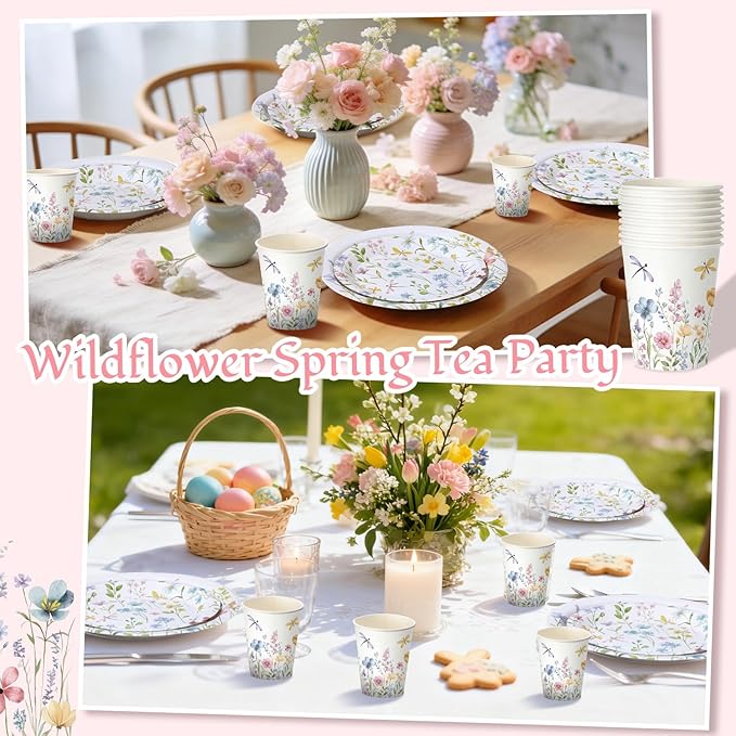 Pickmesh 250 Pcs Spring Floral Disposable Tableware Set Wildflower Butterfly Disposable Paper Plates Napkins and Cups for Baby Bridal Shower Birthday Wedding Baby in Bloom Garden Tea Party Supplies