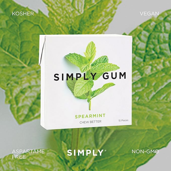 SIMPLY Gum Spearmint, Plastic-Free Natural Chewing Gum, 6 Pack (90 Pieces) | Vegan, Kosher, Non GMO, Aspartame Free and Sorbitol Free
