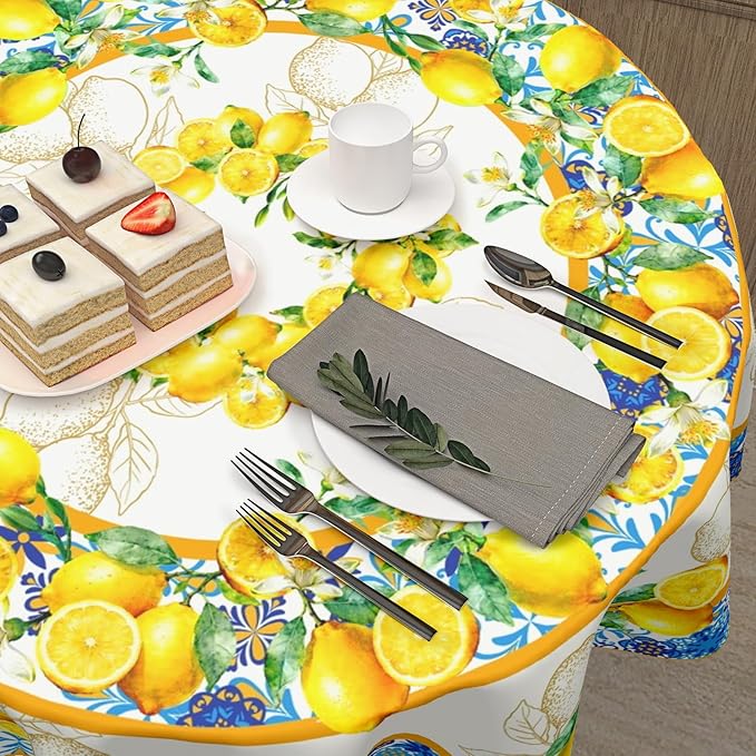 Lemon Round Tablecloth 60 Inch Yellow and Blue Circle Table Cloth Summer Holiday Table Cover Washable Polyester Decorations for Season Home Kitchen Dinning Party