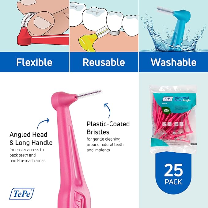 TePe Interdental Brush Angle, Angled Dental Brush for Teeth Cleaning, Pack of 25, 0.40 mm, Extra-Small/Small Gaps, Pink, Size 0