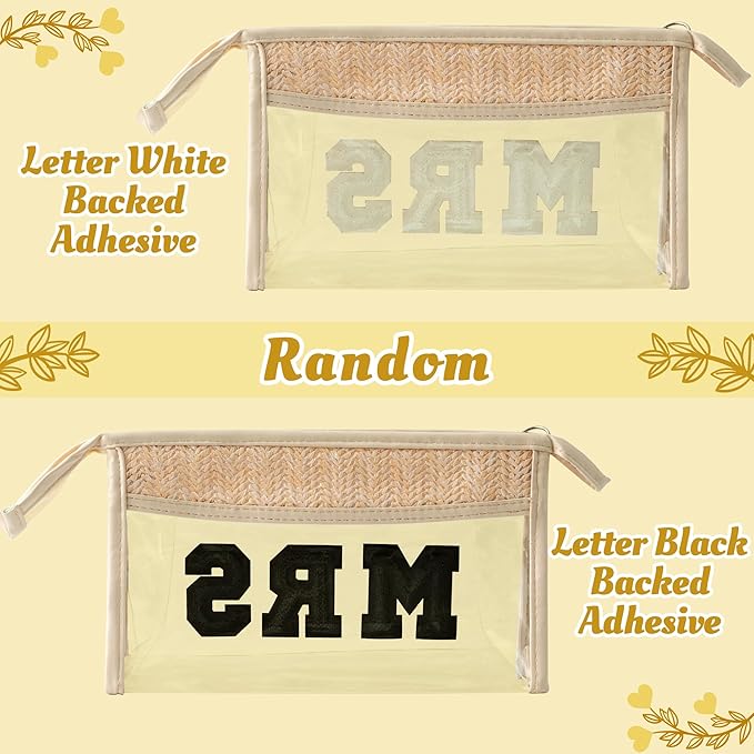 Boho Patch Cosmetic Bag - Summer MRS Chenille Varsity Letter Toiletry Bag Beige Clear Waterproof Travel Makeup Pouch PVC Zipper Clutch Daily Use Purse Summer Beach Gifts for Women Girls