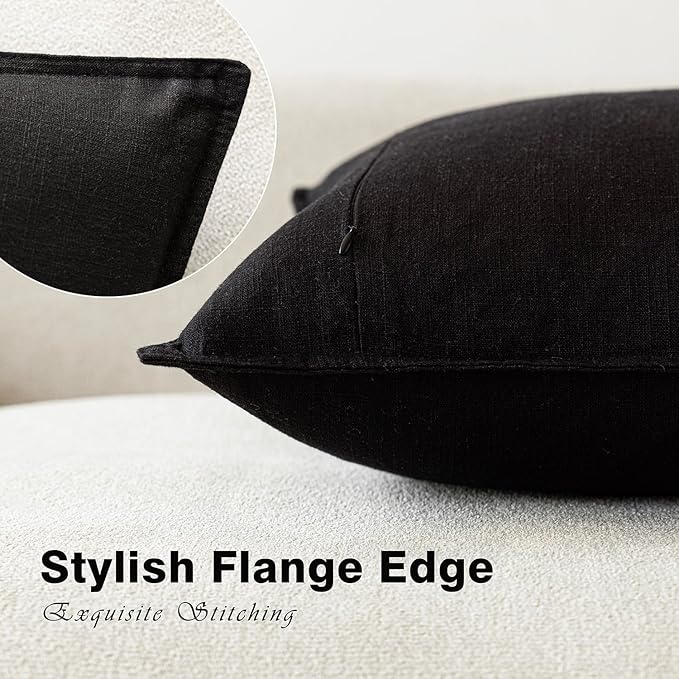 Foindtower Pack of 2, Decorative Linen Soild Throw Pillow Covers Soft Accent Lumbar Cushion Case Boho Farmhouse Pillowcase for Chair Couch Sofa Bedroom Living Room Home Decor 12 x 20 Inch Black