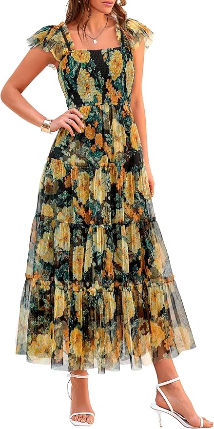 PRETTYGARDEN Women's Summer Tulle Midi Dress Sleeveless Smocked Ruffle Flowy Mesh Dresses Party Wedding Guest Sundress