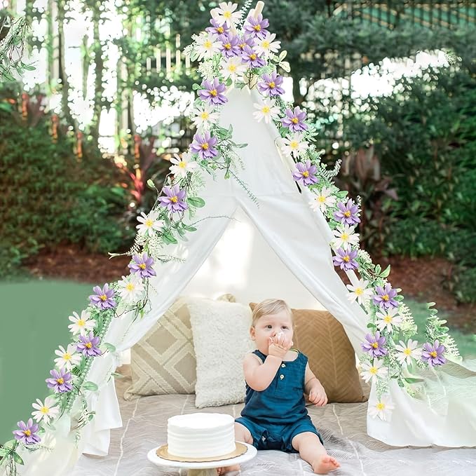 2PCS Paper Flower Garland, Paper Leaves Banner Vine Flowers with Green Leaves Crepe Flower Garland Decorations for Wall Anniversary Wedding Birthday Arch Decor-Purple