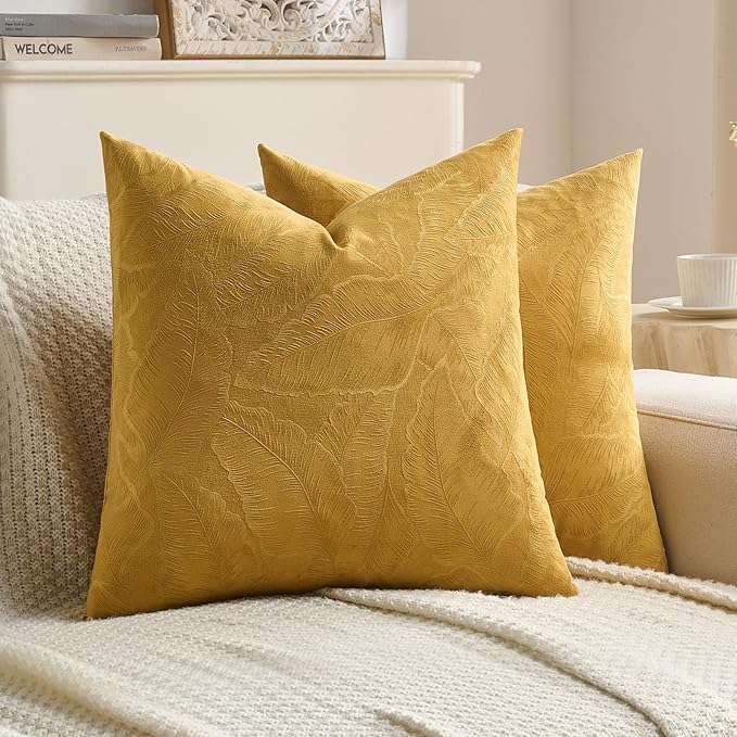 FUTEI Golden Yellow Velvet Throw Pillow Covers 16x16 Inch Set of 2,Soft Embossed Leaf-Relief Textured Cushion Cases,Natural Home Decor for Couch Living Room