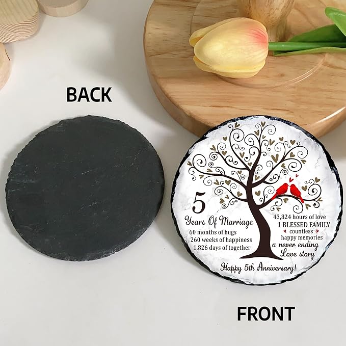 Wood Anniversary Slate Plate – 5th Wedding Gifts for Parents & Couples – Unique 5th Anniversary Wedding Gift Ideas – 5 Years of Marriage Decoration, Keepsake, Slate