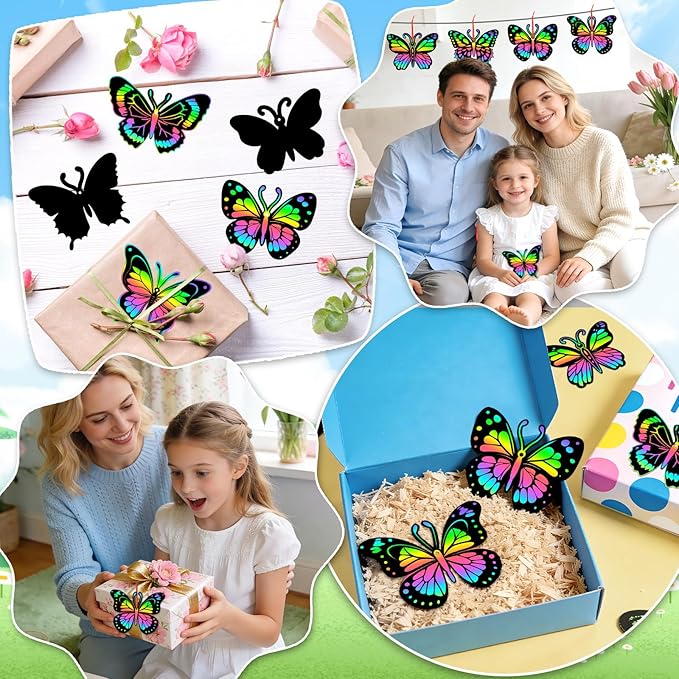 JULMELON 36 PCS Butterfly Scratch Cards, Rainbow Scratch Paper with 12 Bamboo Stylus Scratch Art for Kids Butterfly Party Favors Kids Crafts Bulk for Classroom Games DIY Handmade Family Party Gifts