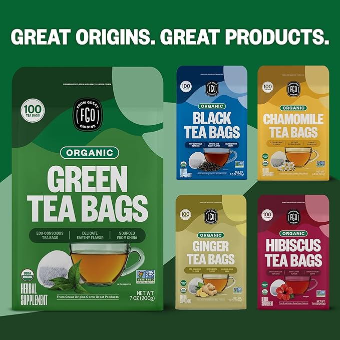 FGO Organic Green Tea, 100 Count Eco-Conscious Tea Bags, Caffeinated, Resealable Pouch, Packaging May Vary (Pack of 1)