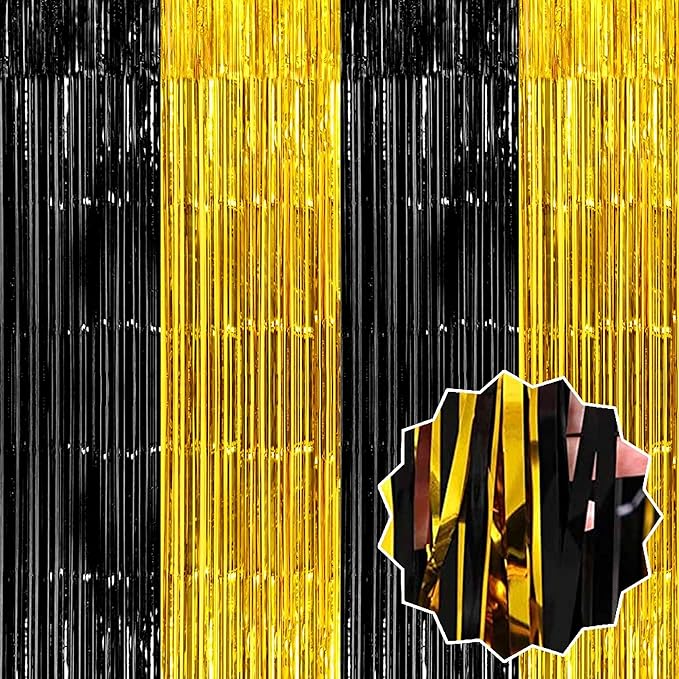 6 Pack Black and Gold Foil Fringe Curtains Backdrop, 3.28 x 9.8 Ft Metallic Streamers Tinsel Curtains Background for Photo Booth, Birthday, Halloween, Christmas, New Year Party Decorations