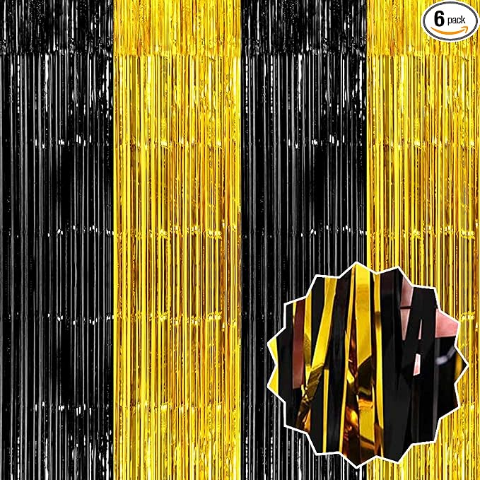 6 Pack Black and Gold Foil Fringe Curtains Backdrop, 3.28 x 8.2 Ft Metallic Streamers Tinsel Curtains Background for Photo Booth, Birthday, Christmas, Halloween, New Year Party Decorations