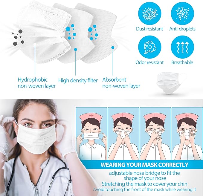 SkyPro 50PCS Medical Grade Procedure Masks, Adult 3 Ply Disposable Hypoallergenic White Face Masks with Elastic Ear Loop Filter Efficiency Greater than 99% Breathable for Hospital