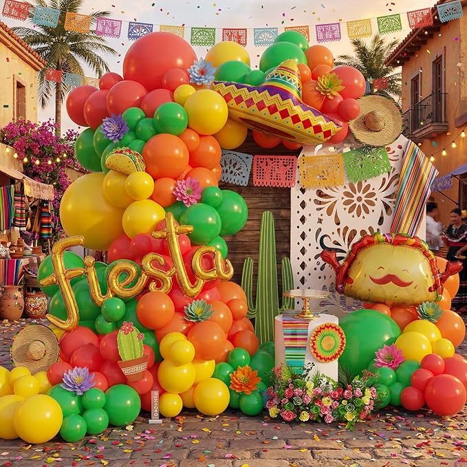 Mexican Fiesta Balloon Arch Kit,Cinco De Mayo Party Decorations,Giant Fiesta Letter Straw Hat Taco Foil Balloons Rainbow Balloon Arch Kit for Carnival Birthday Party Tropical Decoration
