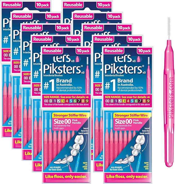 Piksters Interdental Brushes, Size 00, 100 Count (10 x 10 Packs), Interdental Tooth Brush for Extremely Tight Gaps, Gum Soft Bristles for Plaque Removal, Safe for Braces (100 pk)