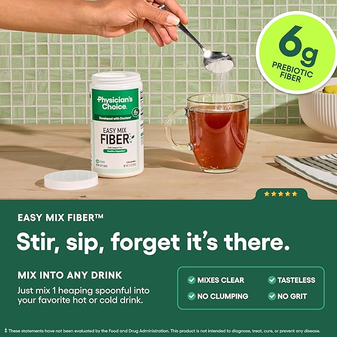 Physician's CHOICE Easy Mix Fiber for Digestive Health & Regularity - No Grit, Sugar Free, & Tasteless - Daily Prebiotic Soluble Fiber Powder Supplement for Women and Men - Unflavored - 5.7oz