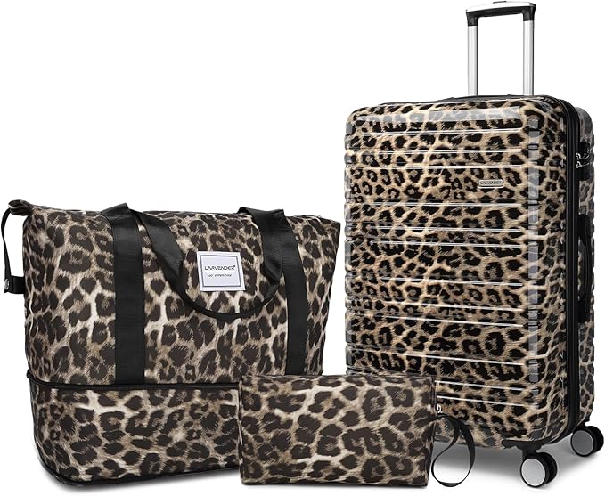 LARVENDER Luggage Sets 3 Piece, Hardside 20 IN Carry on Luggage Airline Approved PC+ABS Suitcase Set with Spinner Wheels TSA Lock, Lightweight Rolling Suitcase for Men and Women, Cheetah Print