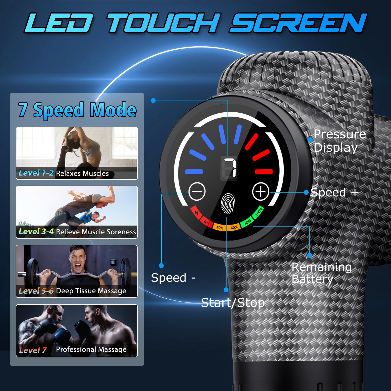 TOLOCO Massage Gun, Back Massager 10 Replacement Head for Pain Relief Deep Tissue, Percussion Massage Guns 7 Speed Level Super Quiet Electric Massager Fathers Day Dad Gifts, Carbon