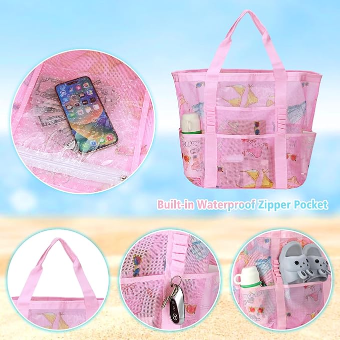 Mesh Beach Bags for Family - Women Beach Tote Bag for Toys, Towels, Travel Vacation Cruise Essentials