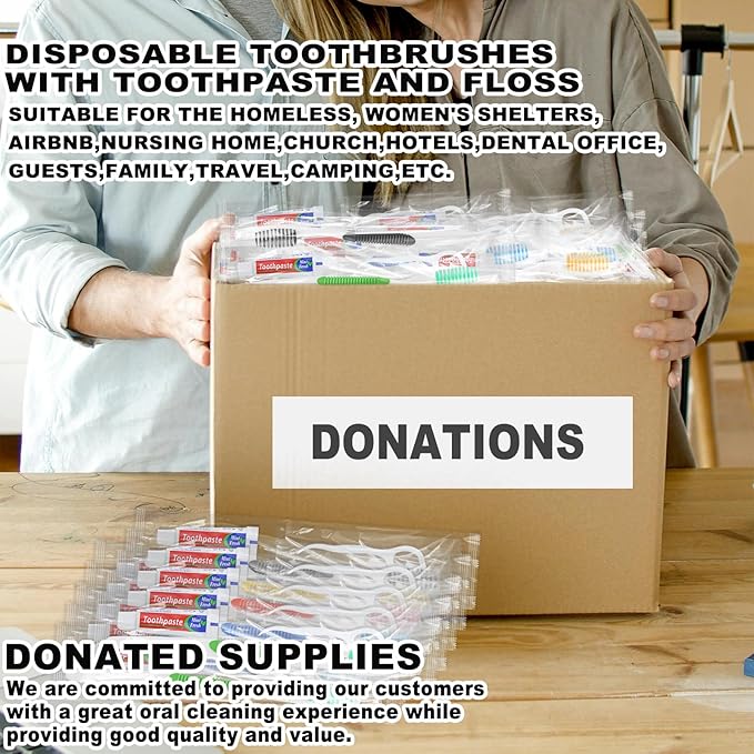 HAIFOTRVA Disposable Toothbrushes with Toothpaste and Floss,10pcs Single Use Individually Wrapped Disposable Travel Toothbrushes and Dental Floss Kit Bulk for Homeless,Airbnb,Dentist,Hotel(5 Colors)