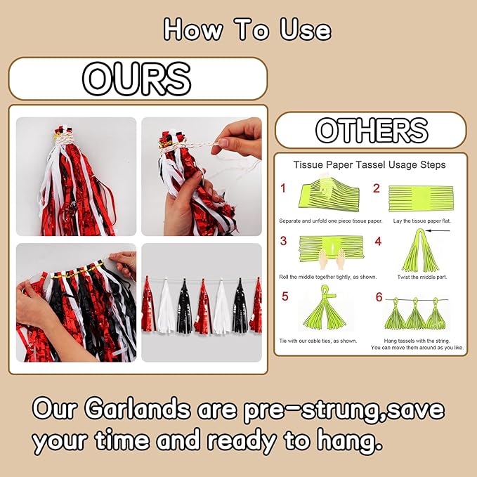 BEISHIDA 3 Packs Red Black White Metallic Foil Fringe Tassel Garland, Tassels Banner Streamers for Car Floats Bridal/Baby Shower Birthday Wedding Halloween Christmas Holiday Party Decoration