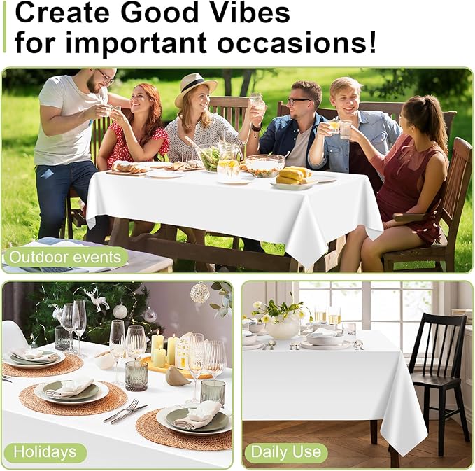 QIKSION White Plastic Table Cloth Disposable 12 Pack, 54 x 108 Inch Tablecloths for Party, Picnic, Birthday, Rectangle Table Cover
