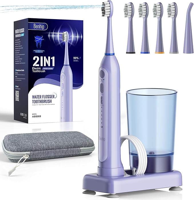 Water Flosser with Electric Toothbrush – 3 Sonic Toothbrush Modes & 5 Water Flossing Pressure – Fast Charging & IPX7 Waterproof – Portable Travel Case Included(Purple)