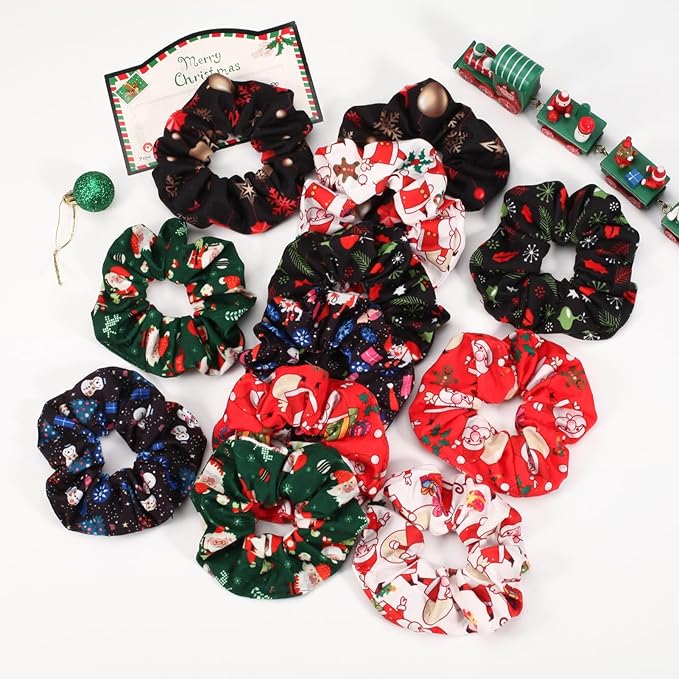 12PCS Christmas Hair Scrunchies for Women Girls Elastic Hair Ties Santa Claus Snowman Elk Bell Christmas Tree Snowflake Hair Accessories Christams Party Decor Gifts